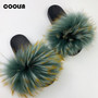 Summer Fluffy Fur Slippers Women Shoes Raccoon Fur Slides Real Fox Fur Flip Flop Flat Outdoor Slippers Casual Female Plush Shoes