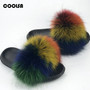 Summer Fluffy Fur Slippers Women Shoes Raccoon Fur Slides Real Fox Fur Flip Flop Flat Outdoor Slippers Casual Female Plush Shoes