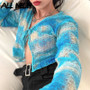 ALLNeon E-girl Sweet Bandage Front Hollow Out Printing Knitted Cardigans Y2K Fashion V-neck with Lace Long Sleeve Blue Crop Tops