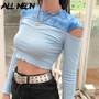 ALLNeon E-Girl Sweet Ribbed Open Shoulder Ruffles Hem Crop Tops K-pop Fashion O-neck Long Sleeve Tie Dye Blue T-shirt Streetwear