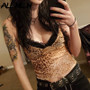 ALLNeon E-girl Style Leopard Printing Wild Camis Tops Punk Spaghetti Strap Lace Trim Crop Tops Streetwear Rave Outfits Fashion