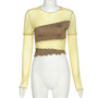 ALLNeon E-girl Patchwork Ruffles Hem Ruffles Hem Crop Tops Y2K Fashion O-neck Short Sleeve with Gloves Stitch Yellow T-shirts