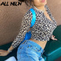 ALLNeon Y2K Style Leopard Printing Button Front Crop Tops E-girl Wild V-neck Long Sleeve Skinny T-shirts Streetwear Party Top