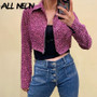 ALLNeon Y2K Fashion Pink Leopard Printing Zipper Front Crop Tops E-girl Style Turn Down Collar Long Sleeve Jackets Streetwear