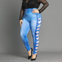 Plus Size Fake Denim Pants Lace Hollow Out Pencil Pants Denim Blue Skinny Leggings Large Size Lady Trousers High Waist Pants D30