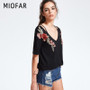 MIOFAR 2020 Summer Fashion Embroidery Printing Tops Women's T-shirt Sexy V-neck Loose Strap T-shirt Top New Short Sleeve Black