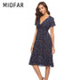 MIOFAR Summer Boho Midi Dress Women Ladies Casual Sexy Vintage Beach Floral Print Short Sleeve V-Neck Midi Dresses