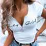 MIOFAR Summer Casual Letter Print Women Shirts Blusa Sexy V-Neck Sleeveless Lady Tops Pullover Blouses Fashion Metal Zipper Top