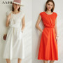 AMII Minimalism Spring Summer Design Tassel Solid Women Dress Fashion High Waist Oneck Sleeveless Knee-length Dress 12070125