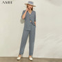 AMII Minimalism Spring Summer Fashion 2pcs Set Solid Vneck Loose Women Shirt High Waist Straight Female Causal Pants 12020193