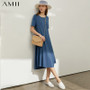 AMII Minimalism Spring Summer Daily Solid Oneck Loose Women Dress Causal Short Sleeve Knee-length Female Dress 12030162