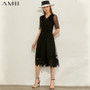 AMII Minimalism Spring Summer Fashion Lace Spliced Women Dress Causal Vneck Vintage Loose Knee-length Female Dress 12080048