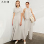 AMII Minimalism Spring Summer Solid  Temperament Women Long Dress Causal Chiffon Slim High Waist Pleated Dress 12040264