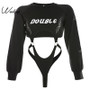 Weekeep Letter Print Sexy Hollow Out Bodysuits Women Black Streetwear Long Sleeve Bodysuit 2019 Fashion Backless Bodysuits