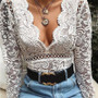Cryptographic Hot mesh lace bodysuit women body suit hollow out sexy long sleeve jumpsuit romper 2020 deep v bodysuits catsuit