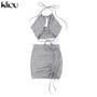 Kliou women halter bandage two piece outfits sleeveless backless crop tops+stacked skirt matching set sexy solid skinny clubwear