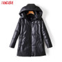 Tangada 2020 Winter Women Pu Leather Long Hood Parkas Thick Pockets Female Elegant PU Overcoat AM20