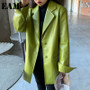 [EAM] Loose Fit Green Pu Leather Big Size Leisure Jacket New Lapel Long Sleeve Women Coat Fashion Tide Spring Autumn 2020 1X496