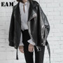 [EAM] High Quality 2020 Spring Black PU Leather Loose Turn-down Collar Zipper Fashion New Women's Wild Jacket LA938