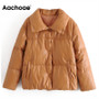 Women PU Leather Parkas Fashion High Street Solid Faxu Leather Coats Elegant Winter Thick Cotton Jackets Loose Outerwear