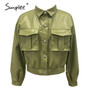 Simplee Casual faux leather jacket women Fashion green motorcycle pocket female leather coat High street short ladies jackets