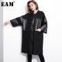 [EAM] Loose Fit Black  Pu Leather Spliced Big Size Jacket New Stand Collar Long Sleeve Women Coat Fashion Autumn 2020 JC2530