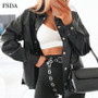 FSDA Women Black Button Pu Leather Jacket Streetwear Long Sleeve Autumn Winter Lady Coat Turn Down Collar Outwear Jacket