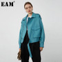 [EAM] Loose Fit Blue Pu Leather Pocket Big Size Jacket New Lapel Long Sleeve Women Coat Fashion Tide Spring Autumn 2020 1Y7580