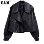 [EAM] Loose Fit Black Pu Leather Big Size Short Jacket New Lapel Long Sleeve Women Coat Fashion Tide Spring Autumn 2020 1Y644