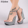 Eilyken Fashion Gingham Thick Bottoms Wedge Sandals Femme Ankle Buckle Strap Platform High Heels PVC Transparent Women Shoes
