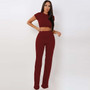 2 Two Piece Set Women Ribbed O Neck Crop Top and Long Pants Set Sexy Autumn Short Sleeve Tracksuit Women Conjunto Feminino 2020