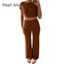 2 Two Piece Set Women Ribbed O Neck Crop Top and Long Pants Set Sexy Autumn Short Sleeve Tracksuit Women Conjunto Feminino 2020