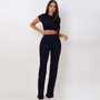 2 Two Piece Set Women Ribbed O Neck Crop Top and Long Pants Set Sexy Autumn Short Sleeve Tracksuit Women Conjunto Feminino 2020