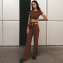 2 Two Piece Set Women Ribbed O Neck Crop Top and Long Pants Set Sexy Autumn Short Sleeve Tracksuit Women Conjunto Feminino 2020