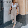 BerryGo Fashion plaid women blazer suits Long sleeve Single-breasted belt blazer pants set Office ladies two-piece blazer sets