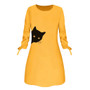 O-neck Cat Print Bow Elegant Straigth Dress