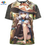 SONSPEE 3D Summer Short-Sleeved Anime Beach Beauty Girl T-Shirt Casual Seaside Kawaii Cat Girl Shirt Cosplay Cat Girl Loli Shirt