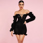 Ocstrade Black Off Shoulder Long Sleeve Mini Frill Wrinkled Bodycon Dress HI1084-Black