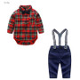 Tem Doger Baby Boys Jumpsuit Clothes Suit Long Sleeve Cotton Bowtie Plaid Rompers + Pants  2pcs