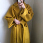 Women yellow Elegant Winter wool Overcoat Long Bandage Woolen Coat Cardigan Loose Plus Size outwear with pocket turn down collar