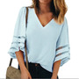 V Neck Flared Sleeves Mesh Patchwork Shirts Blouses