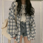 Women Vintage Plaid Oversized Blouse Lantern Sleeve Turn Down Collar White Shirt Button Up Casual Tops