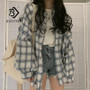 Women Vintage Plaid Oversized Blouse Lantern Sleeve Turn Down Collar White Shirt Button Up Casual Tops