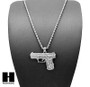 MEN'S WHITE GOLD PLATED GUN PENDANT W 3mm 24" ROPE CHAIN NECKLACE D32S