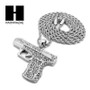 MEN'S WHITE GOLD PLATED GUN PENDANT W 3mm 24" ROPE CHAIN NECKLACE D32S