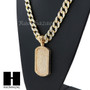 Hip Hop 14k Gold Plated Dog Tag Pave Pendant 30" Cuban Link Chain N08