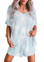 Women's Tie Dye Ruffle V-neck Tops and Shorts Pajamas Set/Free Shipping