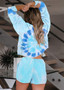 Tie Dye Off Shoulder Long Sleeve Tops and Shorts Pajamas Set/Free Shipping