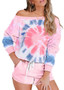 Tie Dye Off Shoulder Long Sleeve Tops and Shorts Pajamas Set/Free Shipping