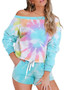 Tie Dye Off Shoulder Long Sleeve Tops and Shorts Pajamas Set/Free Shipping